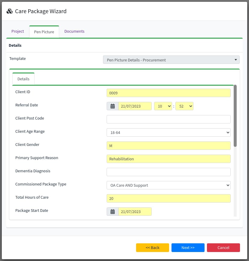 A screen shot of the Adult Social Care system which displays PEN information