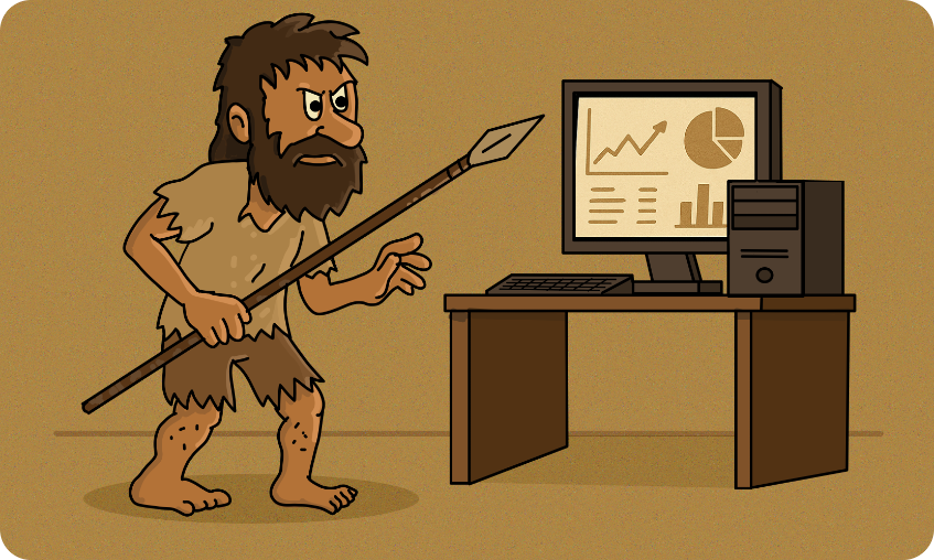 An illustration of a Luddite holding a spear, staring at a desktop computer